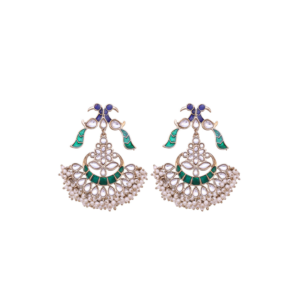 Golden Peacock Kundan Drop Earrings with Pearl Fringe