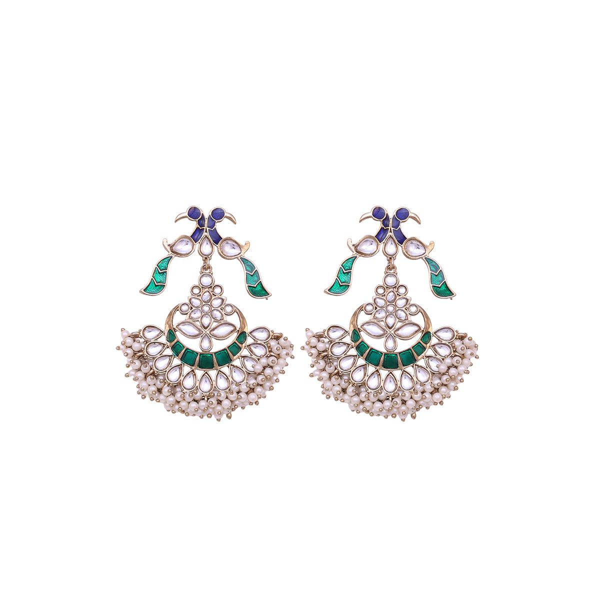 Golden Peacock Kundan Drop Earrings with Pearl Fringe