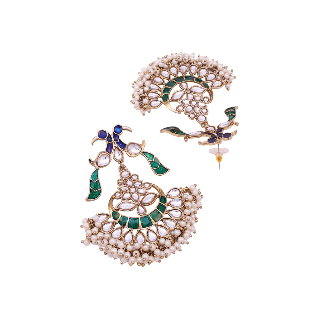 Golden Peacock Kundan Drop Earrings with Pearl Fringe