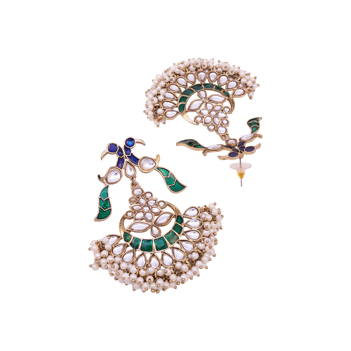 Golden Peacock Kundan Drop Earrings with Pearl Fringe