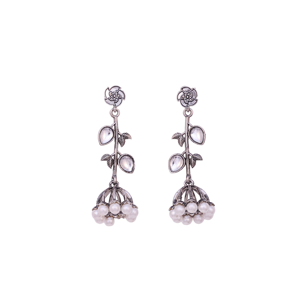 Oxidized Silver Floral Drop Jhumka Earrings with Kundan Accents & Pearls