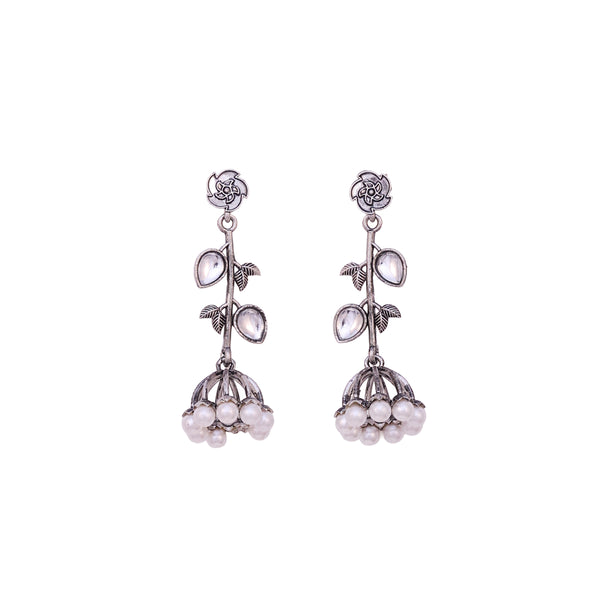 Oxidized Silver Floral Drop Jhumka Earrings with Kundan Accents & Pearls