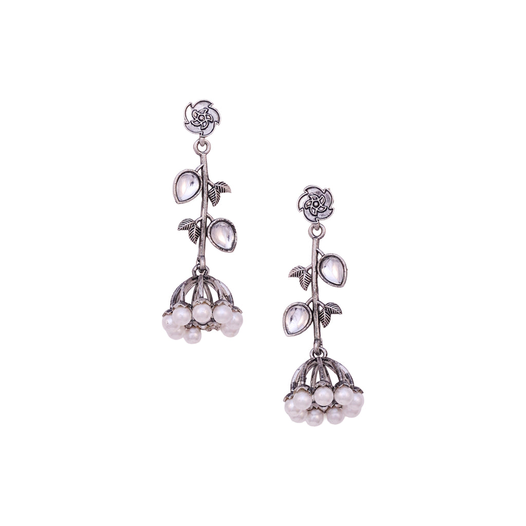 Oxidized Silver Floral Drop Jhumka Earrings with Kundan Accents & Pearls