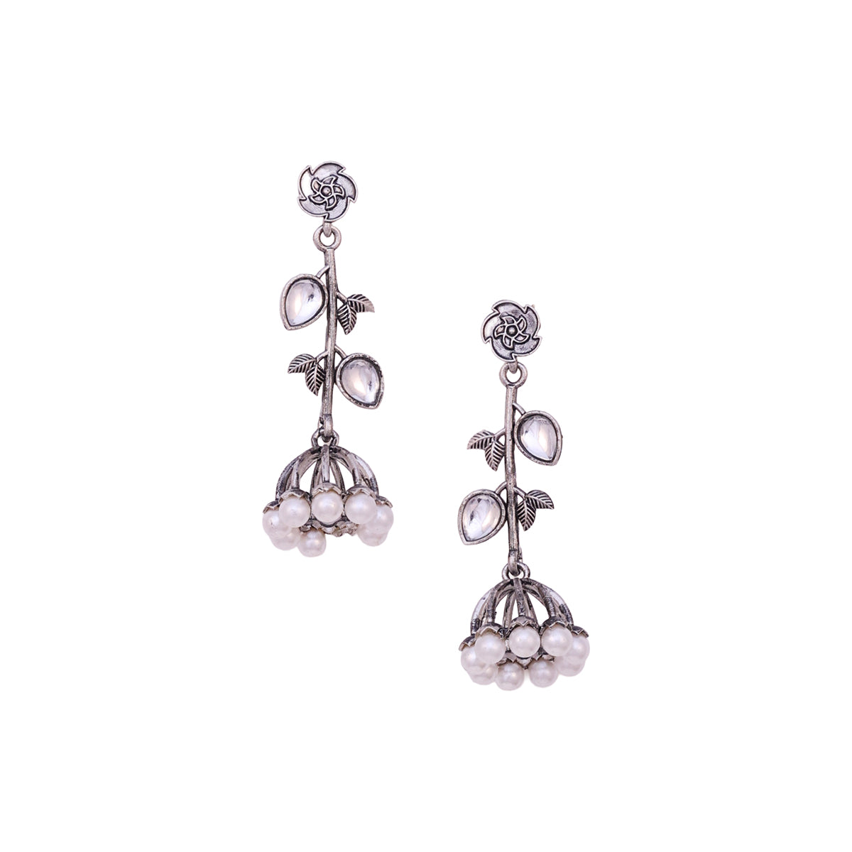 Oxidized Silver Floral Drop Jhumka Earrings with Kundan Accents & Pearls