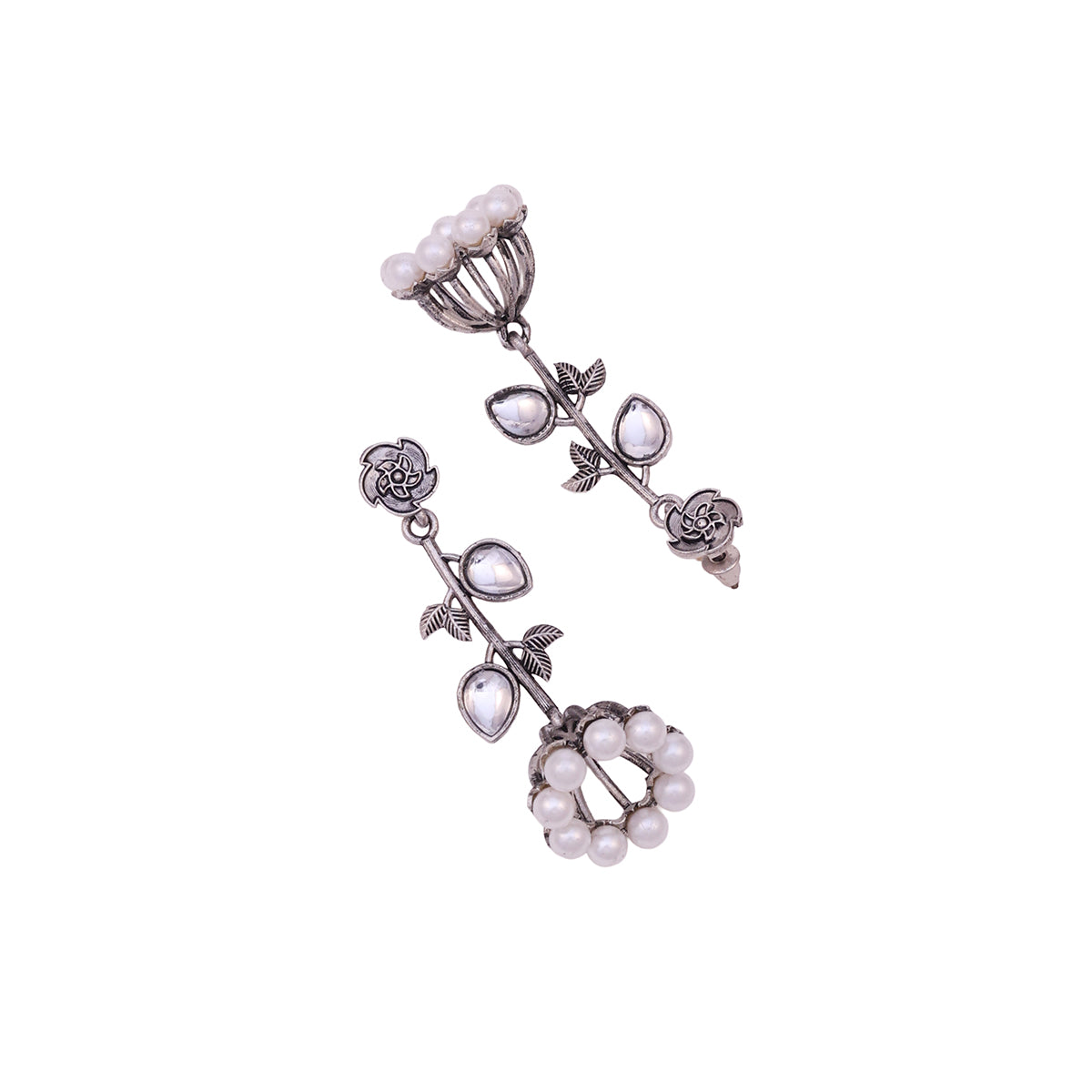 Oxidized Silver Floral Drop Jhumka Earrings with Kundan Accents & Pearls