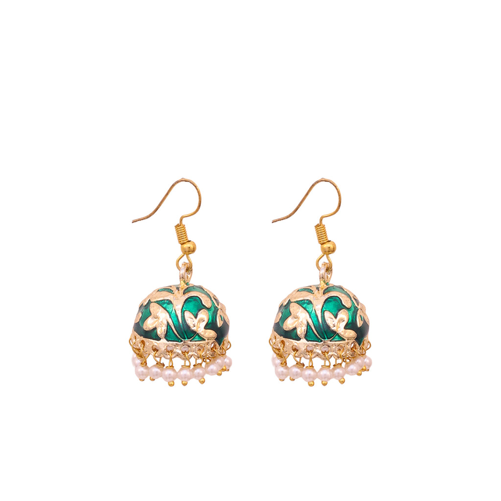 Golden-Green Meenakari Jhumka Earrings with Pearl Drops