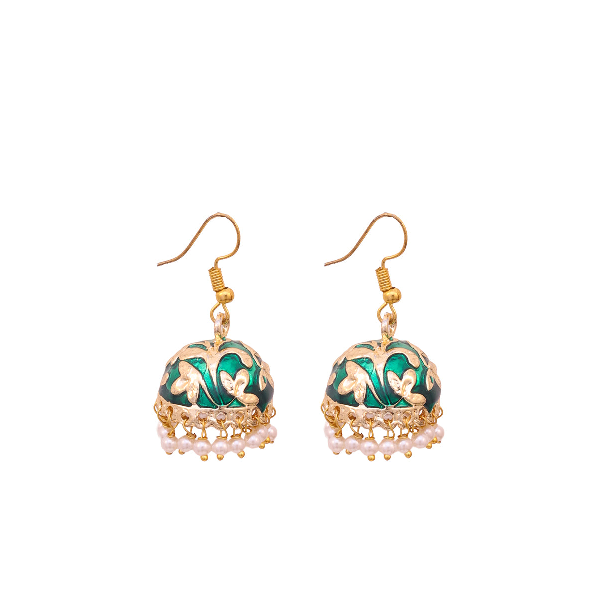 Golden-Green Meenakari Jhumka Earrings with Pearl Drops