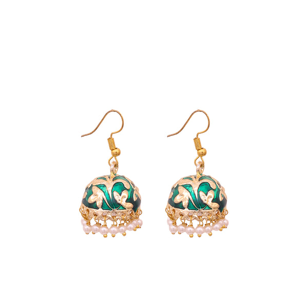 Golden-Green Meenakari Jhumka Earrings with Pearl Drops