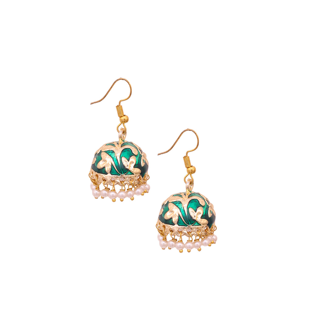 Golden-Green Meenakari Jhumka Earrings with Pearl Drops