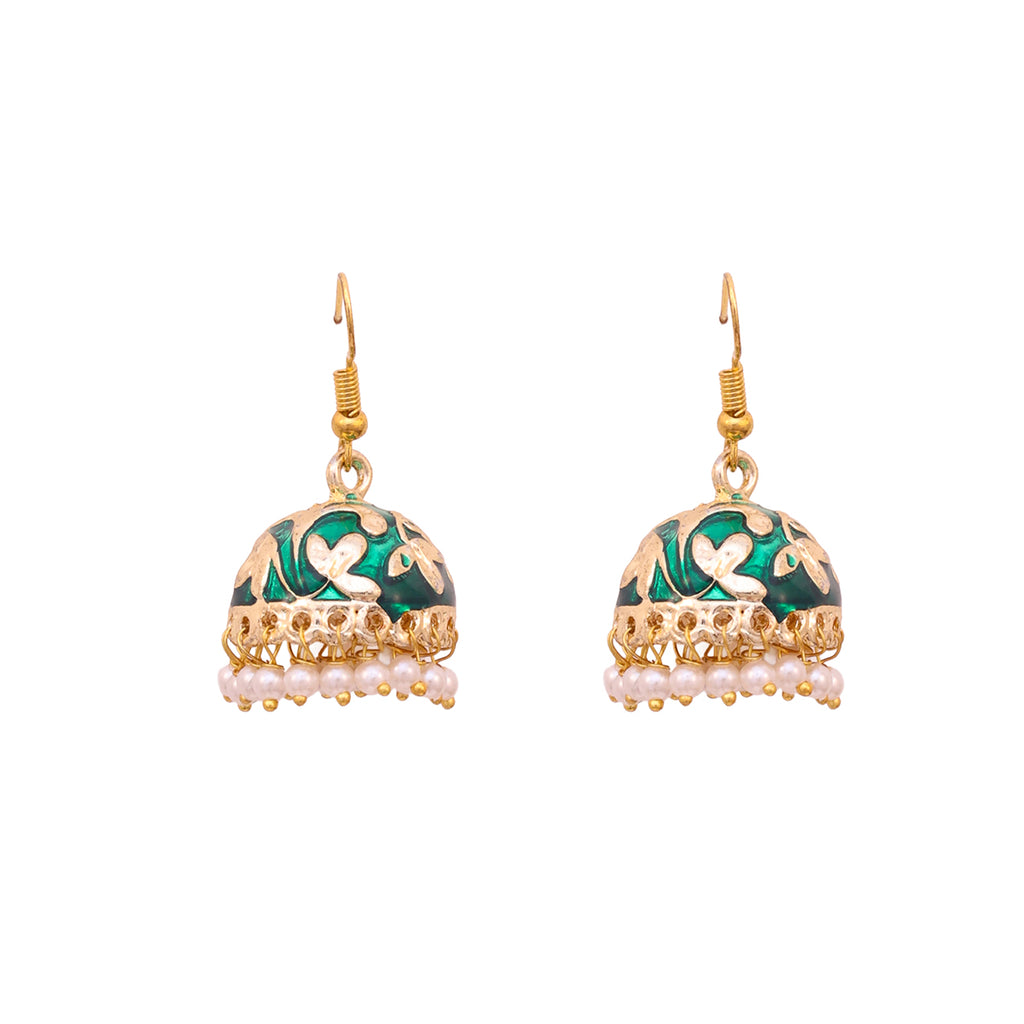 Golden-Green Meenakari Jhumka Earrings with Pearl Drops