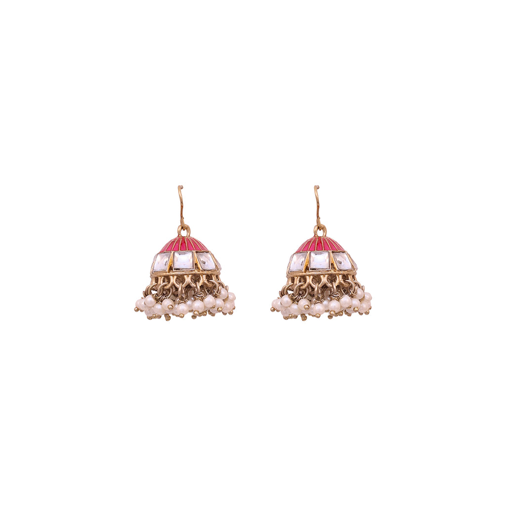 Rosette Kundan Dome Jhumkas with Pearl Tassels