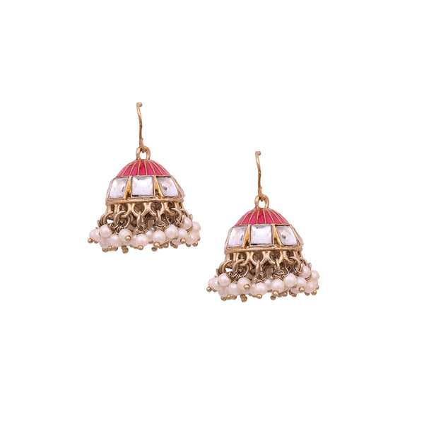 Rosette Kundan Dome Jhumkas with Pearl Tassels