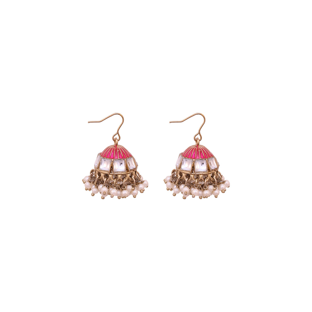 Rosette Kundan Dome Jhumkas with Pearl Tassels