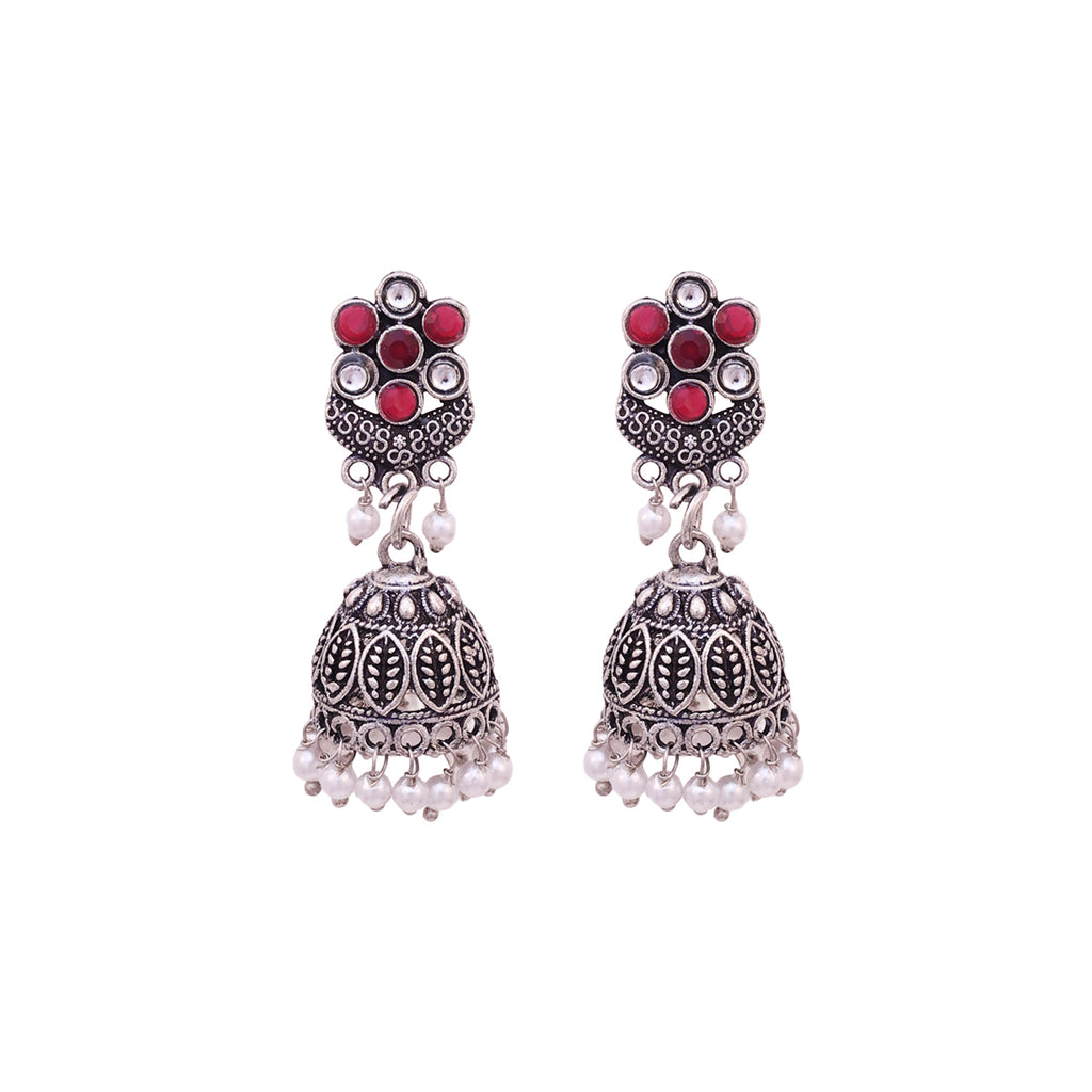 Ruhani Oxidised Maroon-Pearl Jhumka Drops