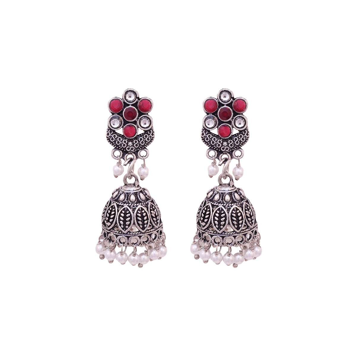 Ruhani Oxidised Maroon-Pearl Jhumka Drops
