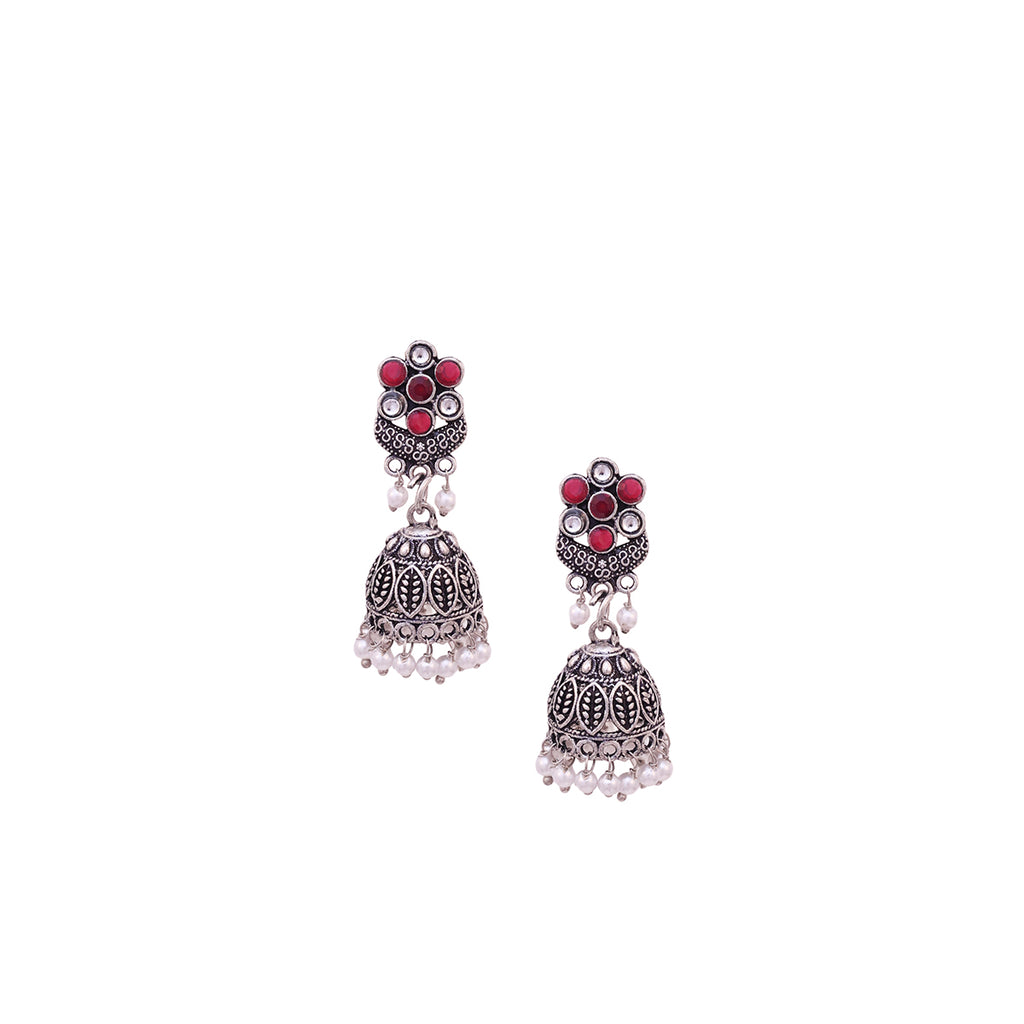 Ruhani Oxidised Maroon-Pearl Jhumka Drops