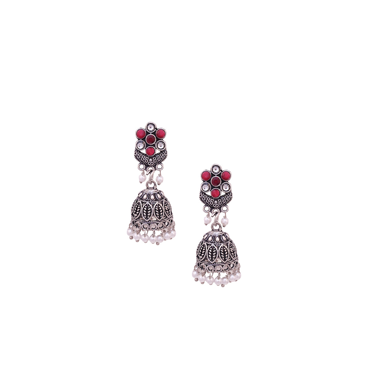 Ruhani Oxidised Maroon-Pearl Jhumka Drops