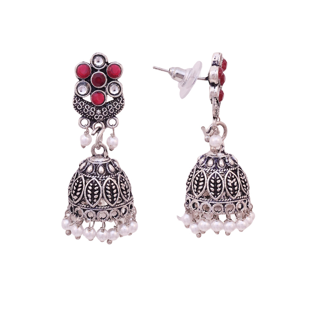 Ruhani Oxidised Maroon-Pearl Jhumka Drops