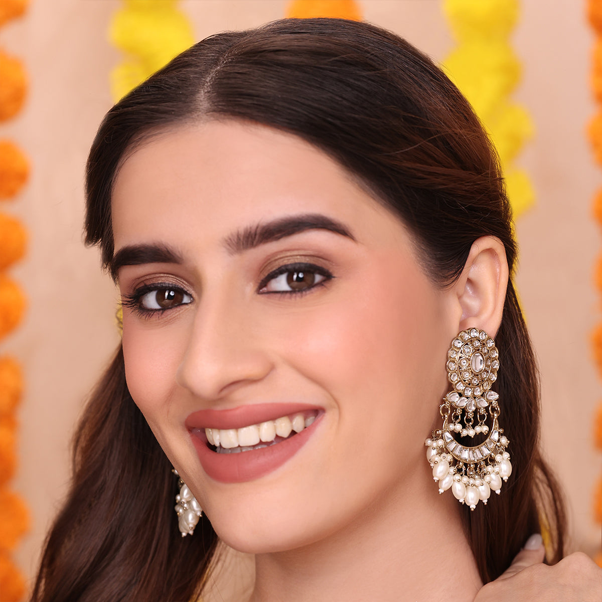 Elegant Chaandbali Drop Earrings with Kundan and Pearl Danglers