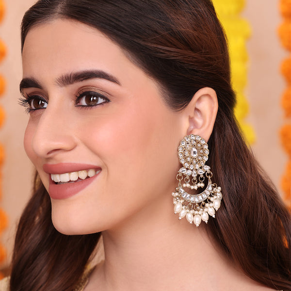 Elegant Chaandbali Drop Earrings with Kundan and Pearl Danglers