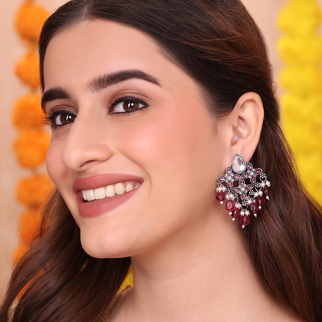 Boho-Chic Silver-Tone Earring with Pink Kundan and Garnet Drops