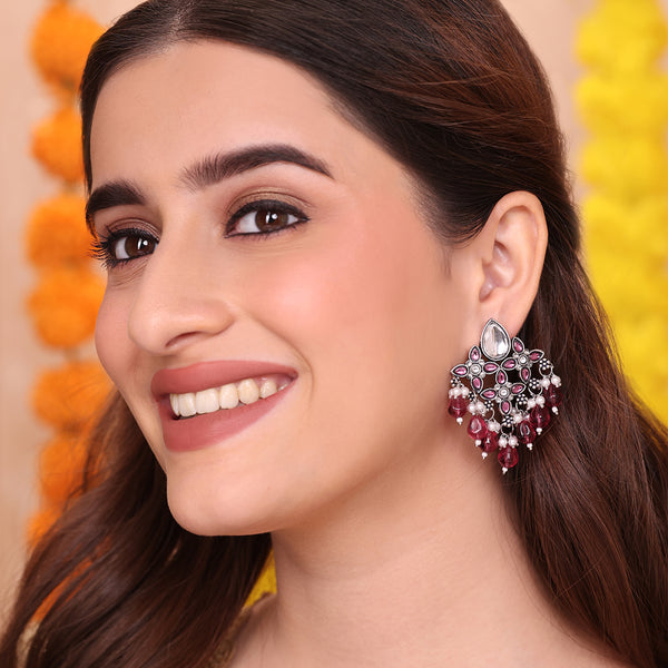 Boho-Chic Silver-Tone Earring with Pink Kundan and Garnet Drops