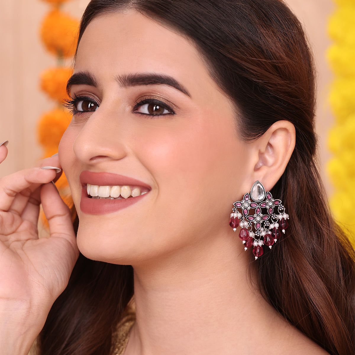 Boho-Chic Silver-Tone Earring with Pink Kundan and Garnet Drops
