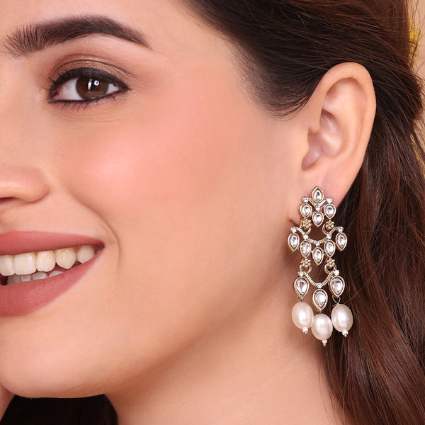 Tiered Kundan Drop Earrings with Pearl Danglers
