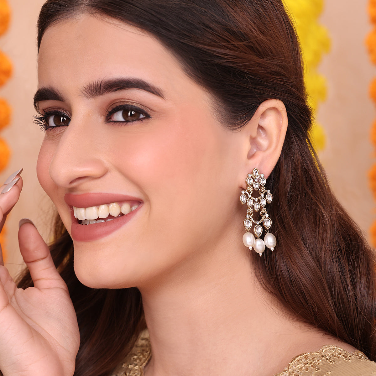 Tiered Kundan Drop Earrings with Pearl Danglers