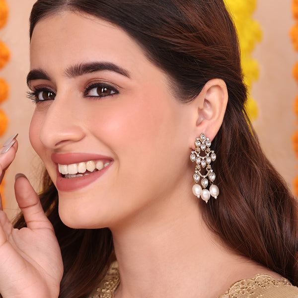 Tiered Kundan Drop Earrings with Pearl Danglers