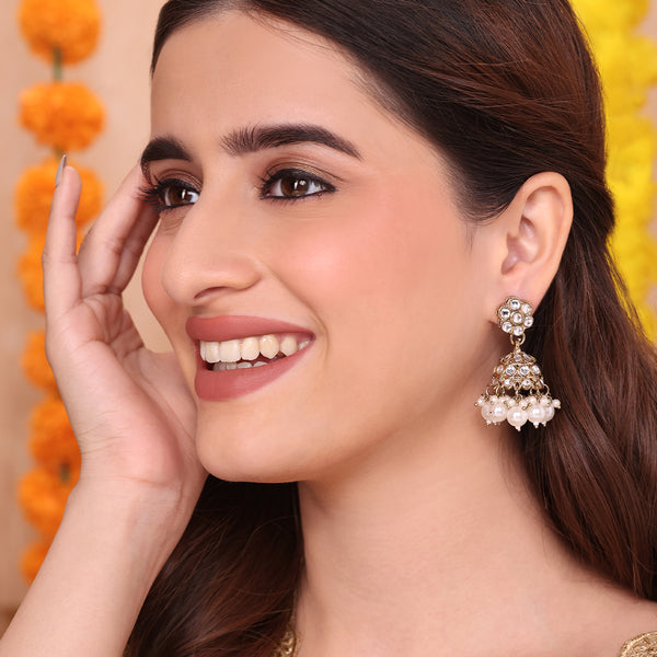 Elegant Kundan and Pearl Floral Jhumka Earrings