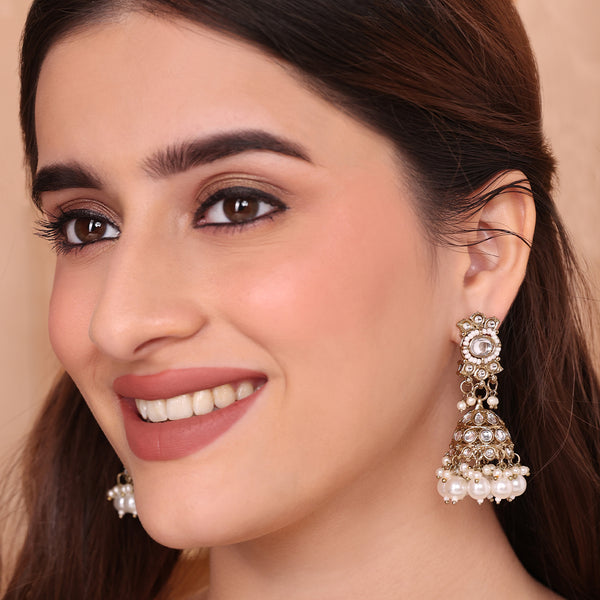 Floral Pearl and Black Stone Jhumka Drop Earrings