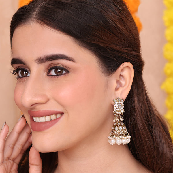 Floral Pearl and Black Stone Jhumka Drop Earrings