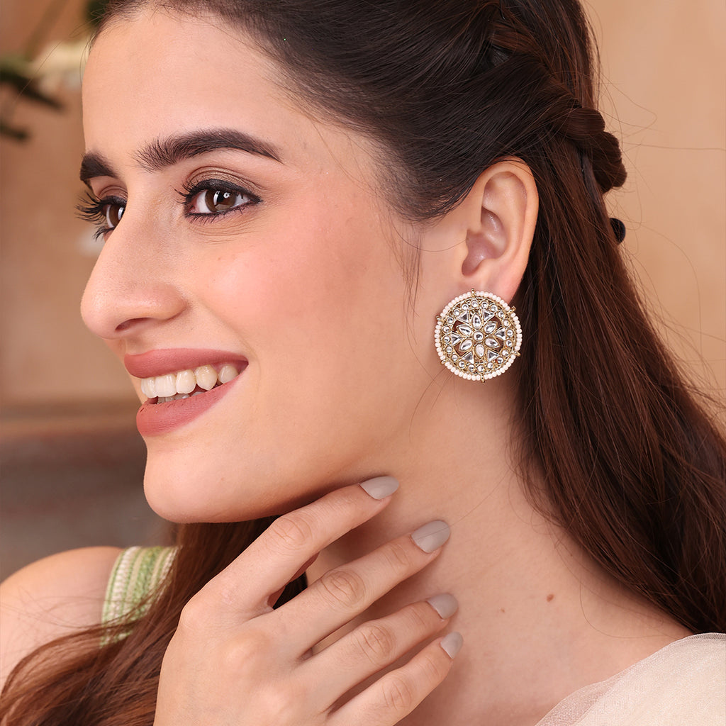 Intricate Circular Kundan Stud Earrings with Pearl Border