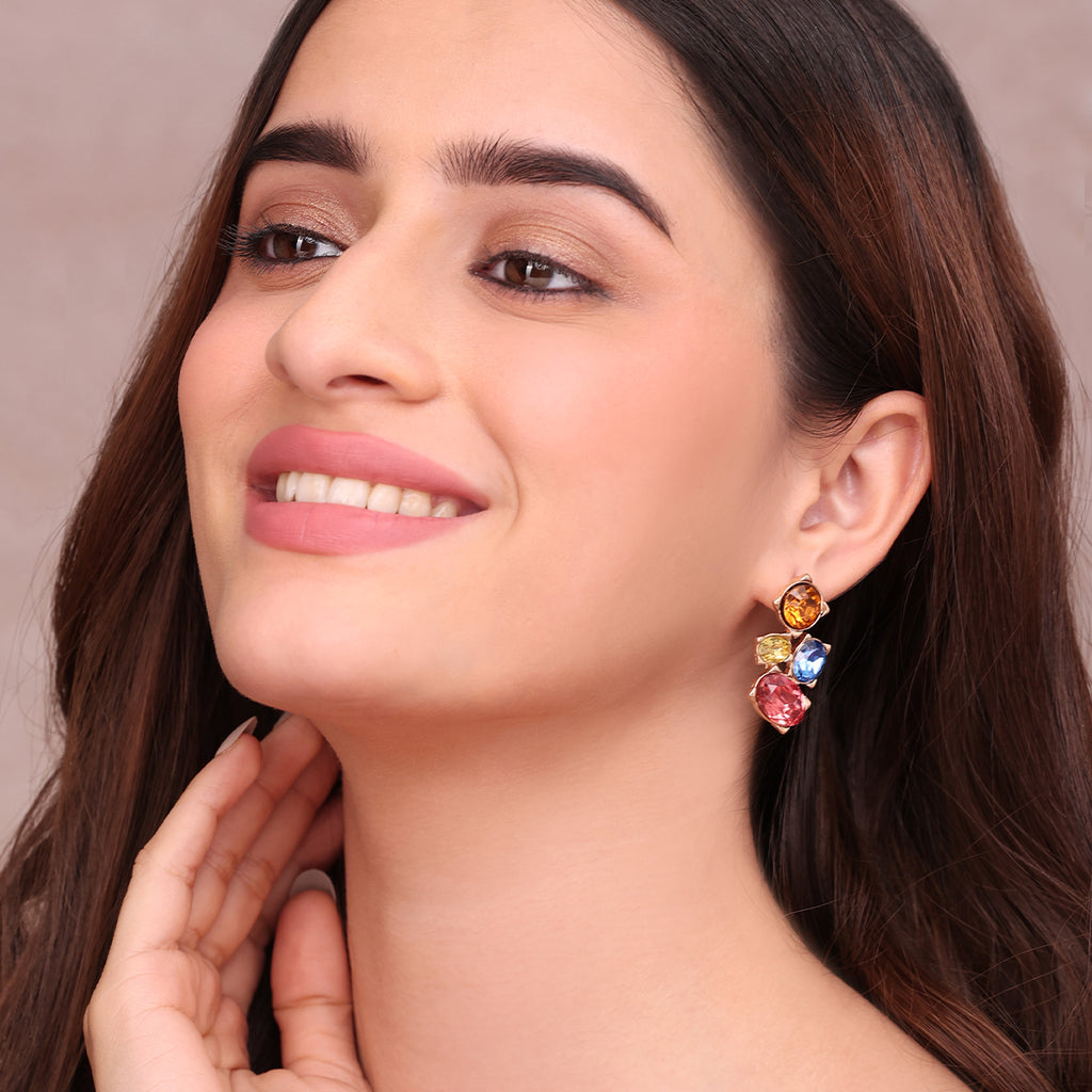 Vibrant Rose Golden Multi-Color Gemstone Cluster Stud Earrings