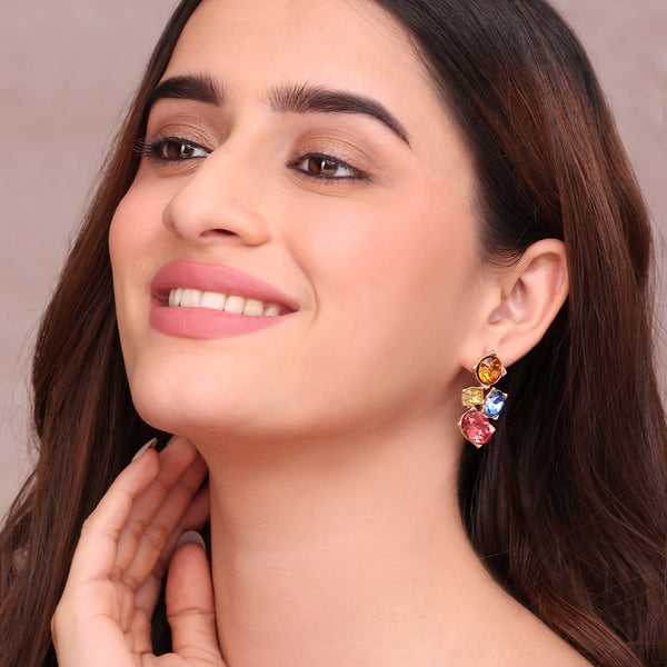 Vibrant Rose Golden Multi-Color Gemstone Cluster Stud Earrings
