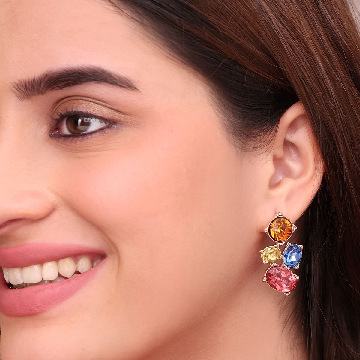 Vibrant Rose Golden Multi-Color Gemstone Cluster Stud Earrings