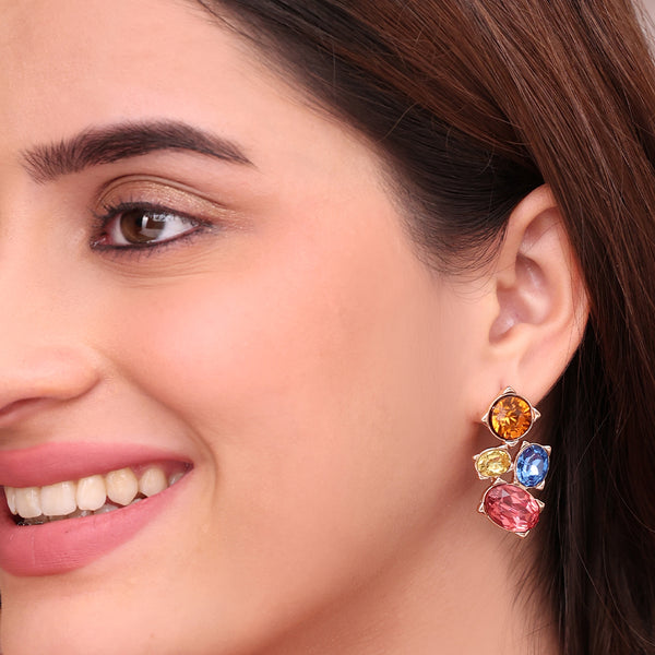 Vibrant Rose Golden Multi-Color Gemstone Cluster Stud Earrings