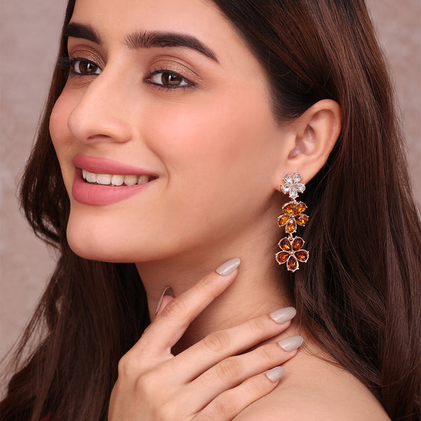 Tiered Golen Flower Drop Earrings with Amber and White Stones