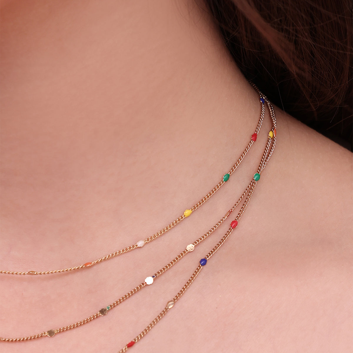 Golden Multi-Chain Rainbow Enamel Layering Necklace