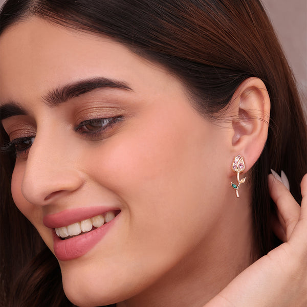 Rose Bud Stud Earrings with Pink & Green Stones