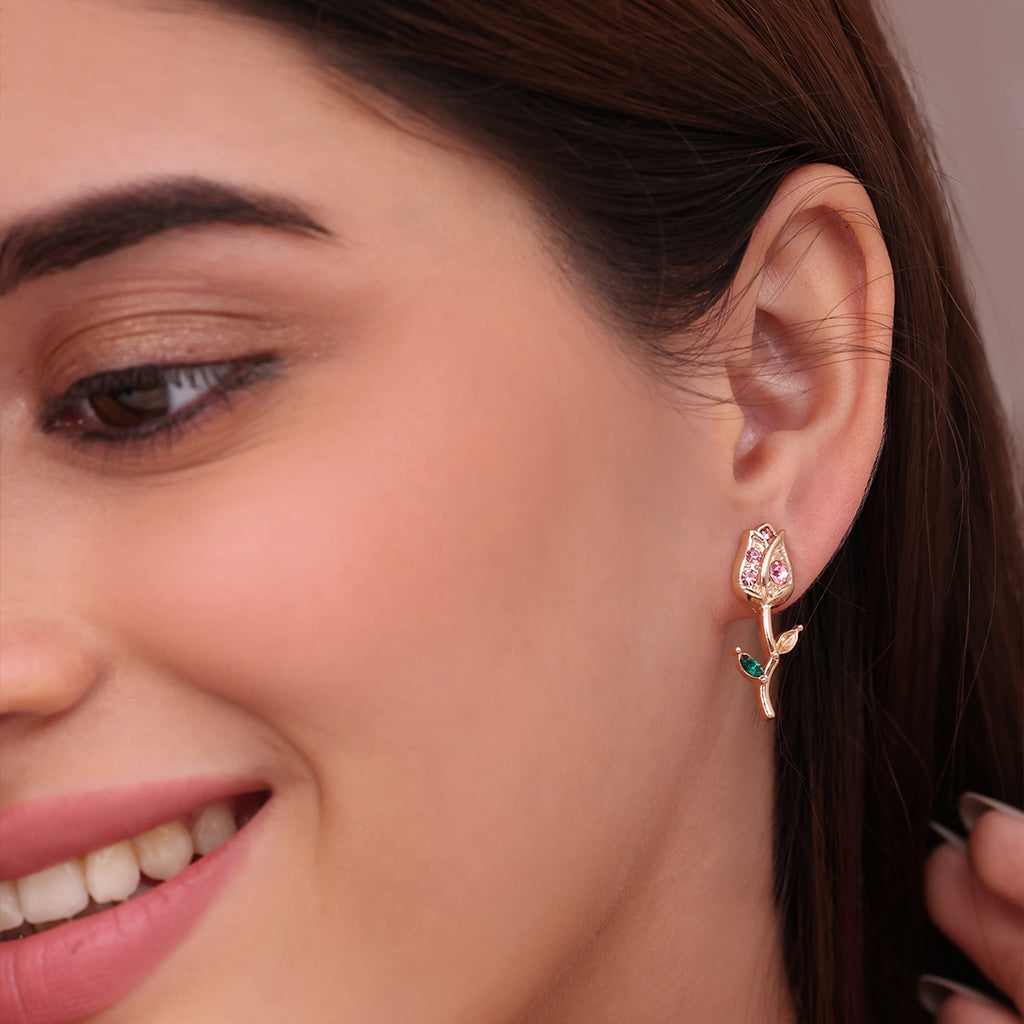 Rose Bud Stud Earrings with Pink & Green Stones