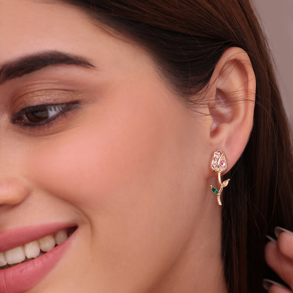Rose Bud Stud Earrings with Pink & Green Stones