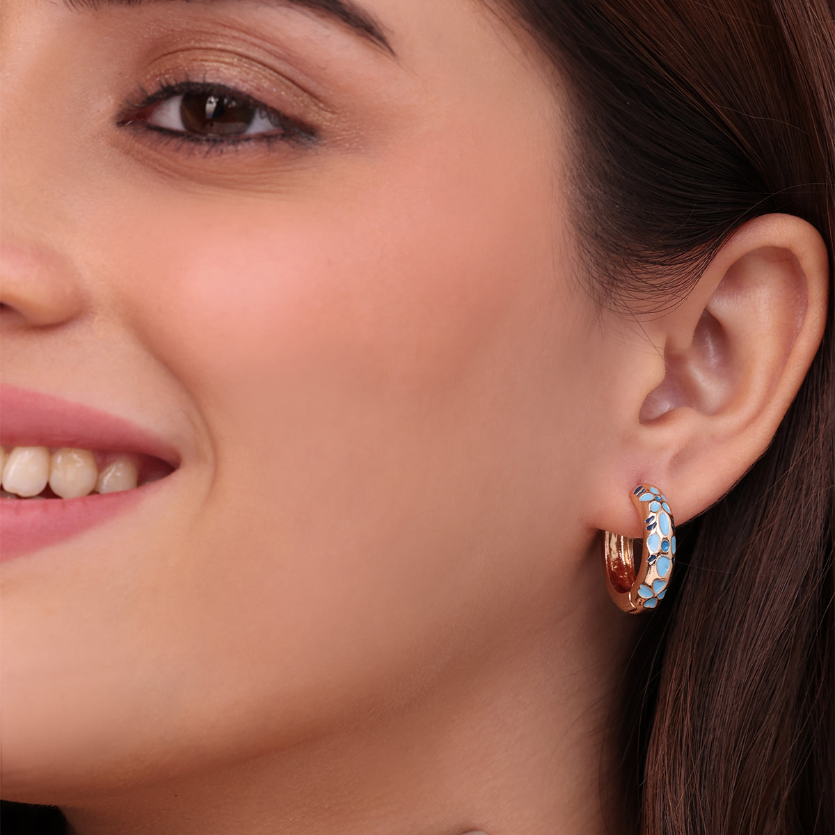 Golden Mini Hoop Earrings with Navy Enamel Floral Pattern