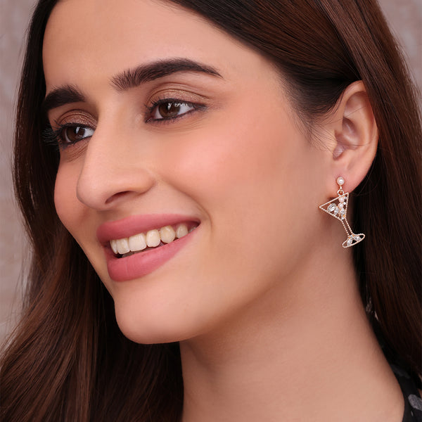 Whimsical Golden Cocktail Glass Drop Earrings with Crystal and Pearl