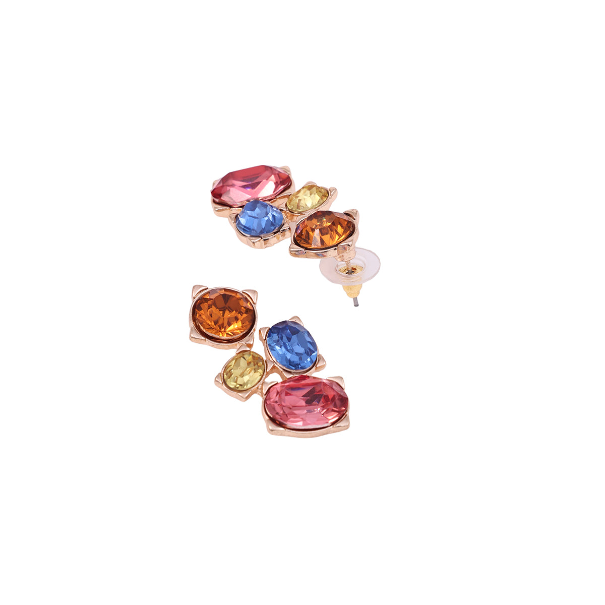 Vibrant Rose Golden Multi-Color Gemstone Cluster Stud Earrings