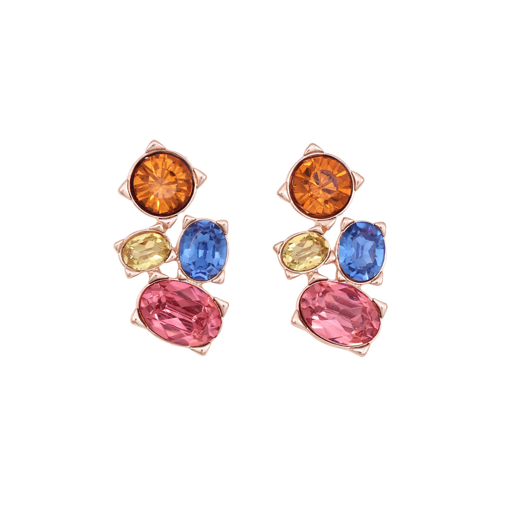 Vibrant Rose Golden Multi-Color Gemstone Cluster Stud Earrings