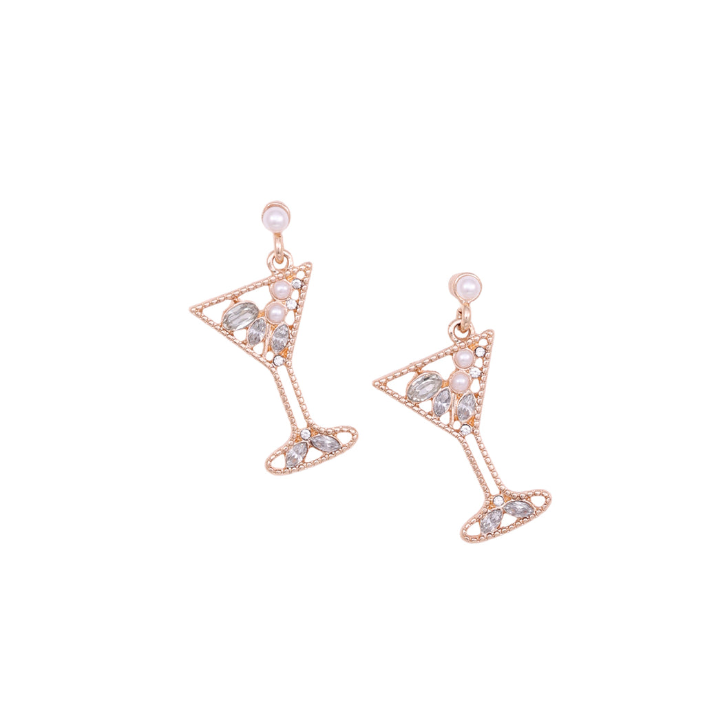 Whimsical Golden Cocktail Glass Drop Earrings with Crystal and Pearl