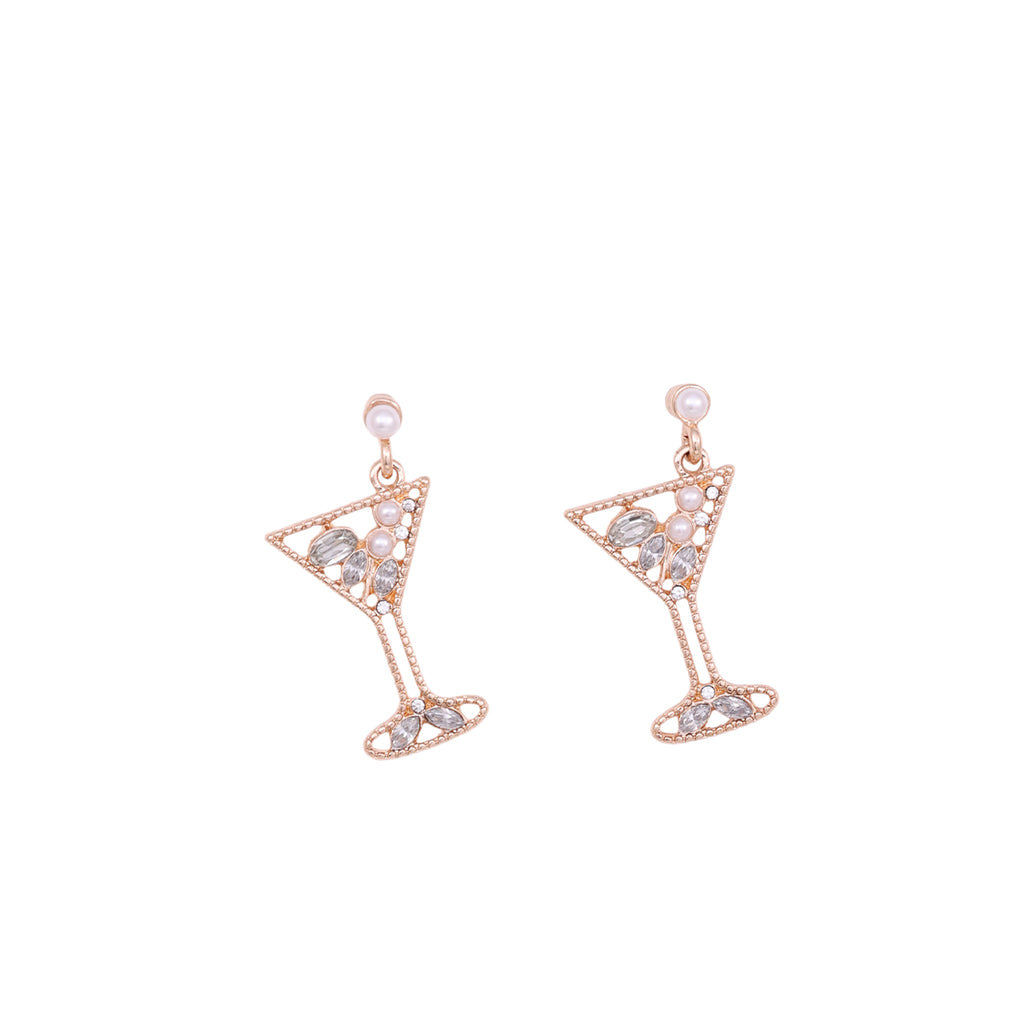 Whimsical Golden Cocktail Glass Drop Earrings with Crystal and Pearl