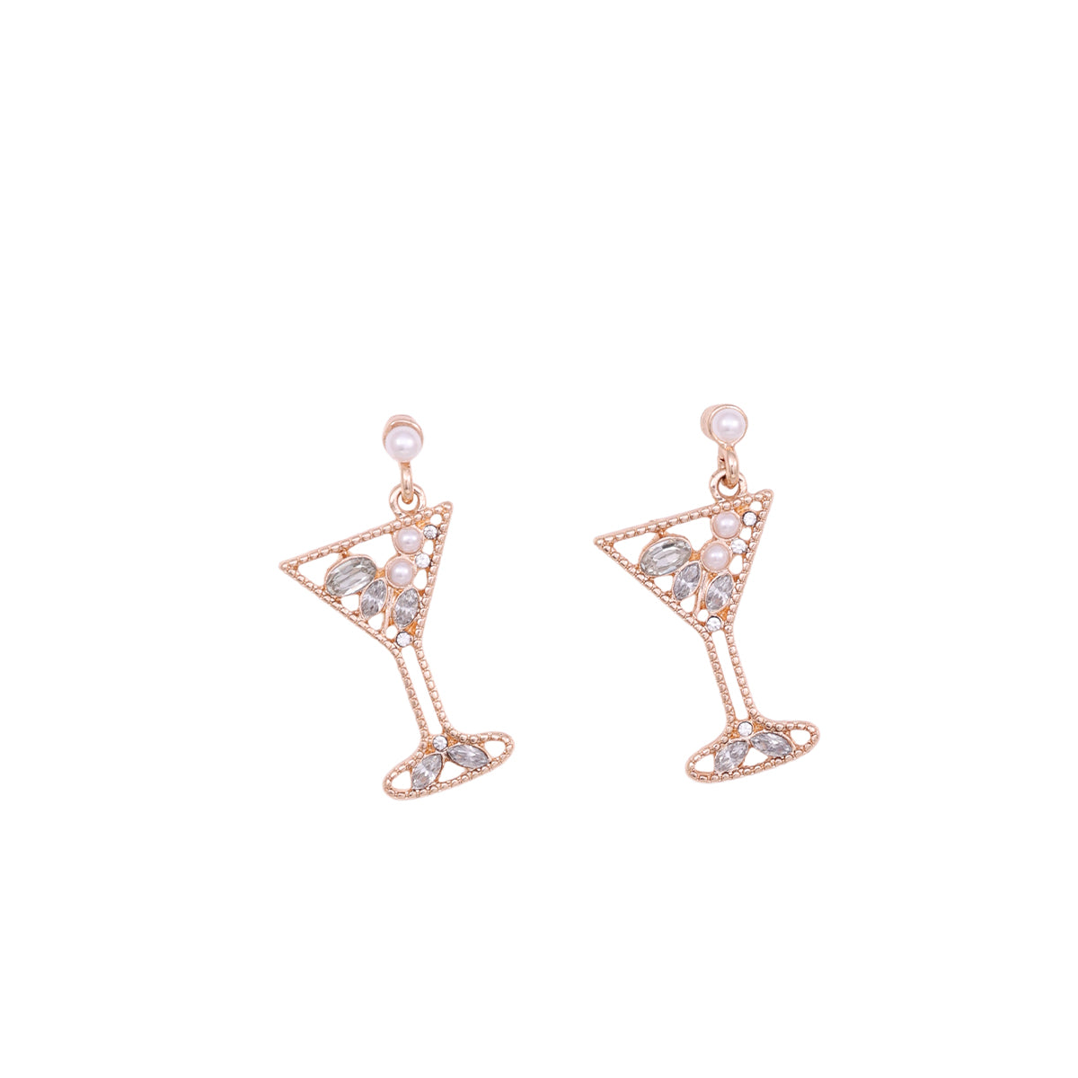 Whimsical Golden Cocktail Glass Drop Earrings with Crystal and Pearl